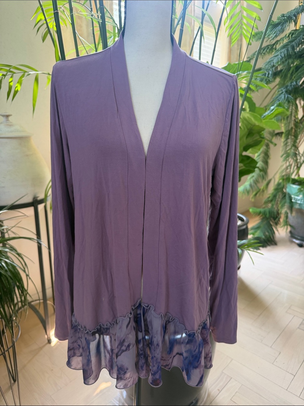 LOGO by Lori Goldstein Lavender Open Front Cardigan with Sheer Ruffle Hem